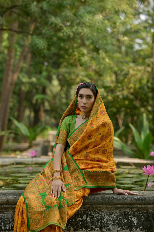 Yellow Wedding Wear Pashmina Silk Saree