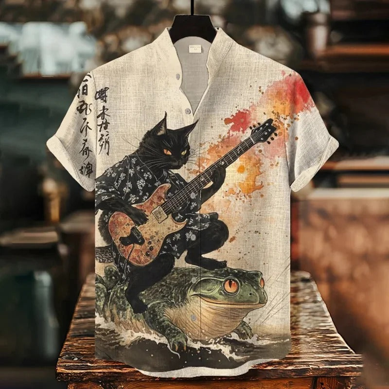 SweetChair Men's Black Cat Riding On Toad Playing Guitar Print Shirt