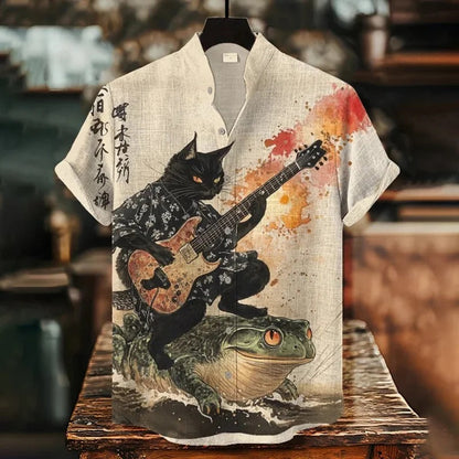 SweetChair Men's Black Cat Riding On Toad Playing Guitar Print Shirt
