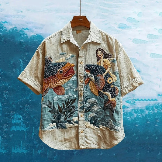 SweetChair Men's Embroidered Sea Life Mermaid Hawaiian Shirt