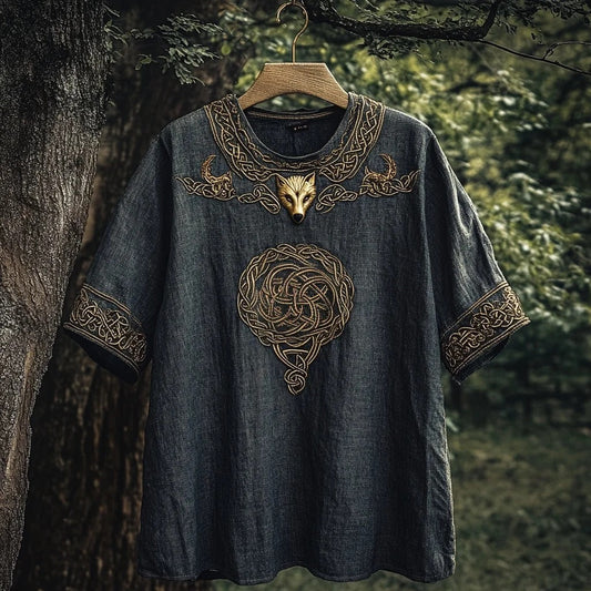 SweetChair Men's Viking Celtic Knot Wolf Head Linen T-shirt