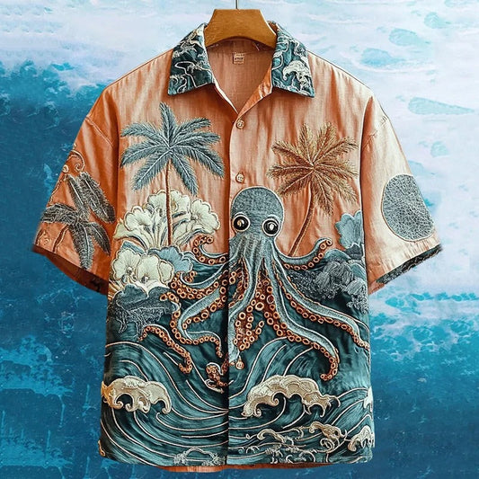SweetChair Men's Embroidered Octopus & Coconut Tree Hawaiian Shirt