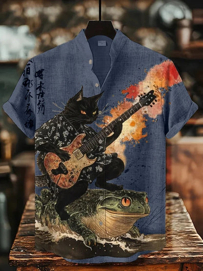 SweetChair Men's Black Cat Riding On Toad Playing Guitar Print Shirt