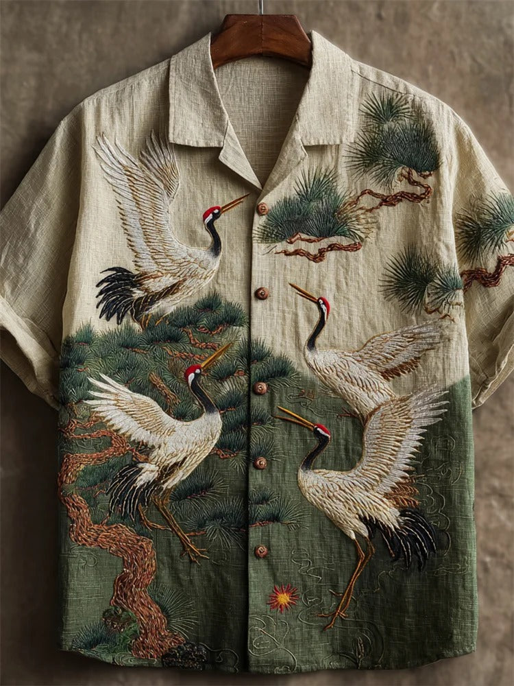 SweetChair Japanese Cranes & Pine Trees Embroidered Contrast Shirt