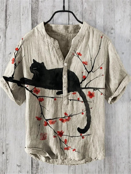 SweetChair Black Cat & Plum Blossom Japanese Art Linen Shirt