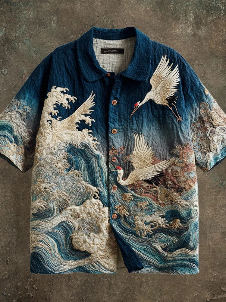 SweetChair Vintage Japanese Crane & Wave Art Men's Linen Shirt