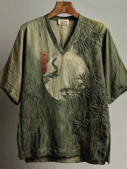 SweetChair Japanese Bamboo Forest Full Moon Embroidered Shirt