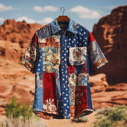 SweetChair Men's Vintage Patchwork America Blue Red Floral Shirt