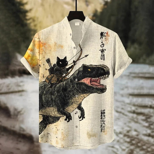 SweetChair Men's Black Cat Riding A Dinosaur Art Print Casual Shirt