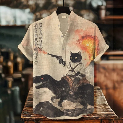 SweetChair Men's Retro Calligraphy Cat Dinosaur Volcanic Print Shirt