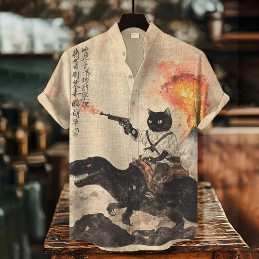 SweetChair Men's Retro Calligraphy Cat Dinosaur Volcanic Print Shirt