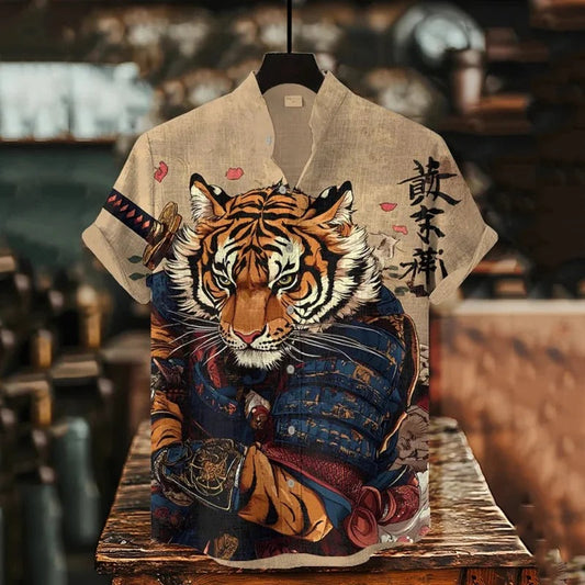 SweetChair Men's Tiger Warrior Calligraphy Art Print Casual Shirt