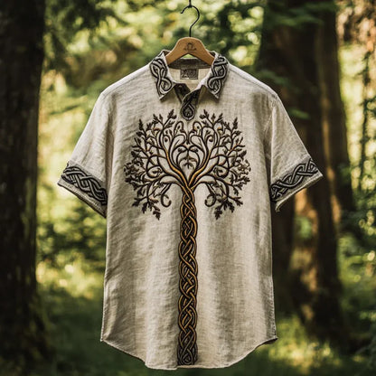 SweetChair Men's Viking Tree of Life Embroidered Lapel Shirt