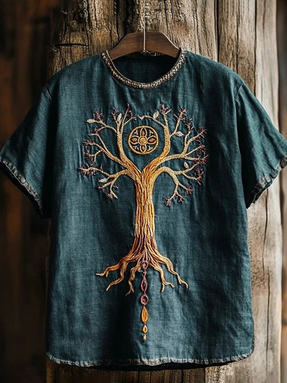 SweetChair Men's Viking Tree of Life Embroidered Art Linen T-shirt