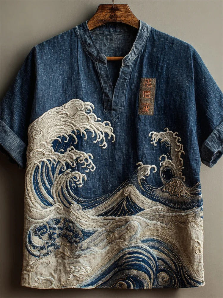 SweetChair Japanese Great Wave Denim Washed Linen Shirt