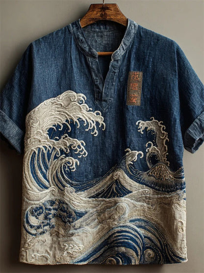 SweetChair Japanese Great Wave Denim Washed Linen Shirt