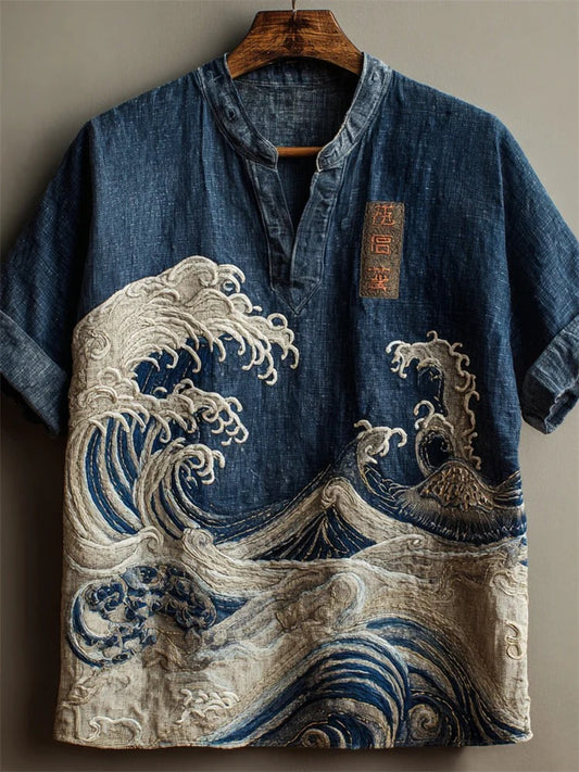 SweetChair Japanese Great Wave Denim Washed Linen Shirt