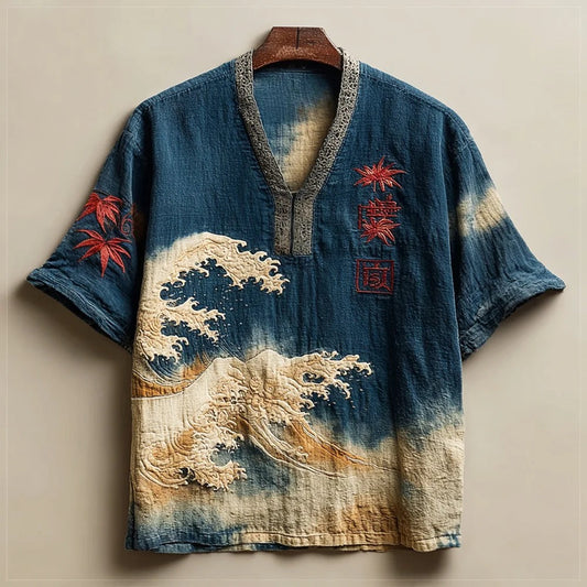 SweetChair Vintage Japanese Maple & Wave Art Men's Linen Shirt