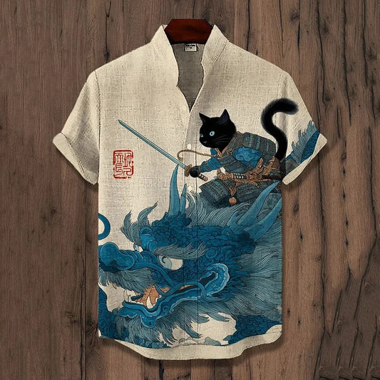SweetChair Men's Samurai Cat & Dragon Art Print Casual Shirt