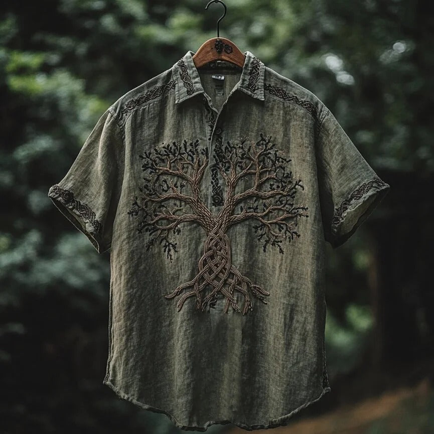 SweetChair Men's Viking Tree of Life Embroidered Lapel Shirt