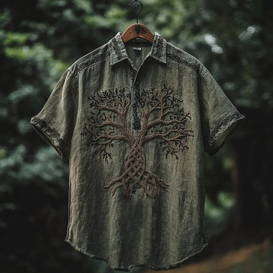 SweetChair Men's Viking Tree of Life Embroidered Lapel Shirt