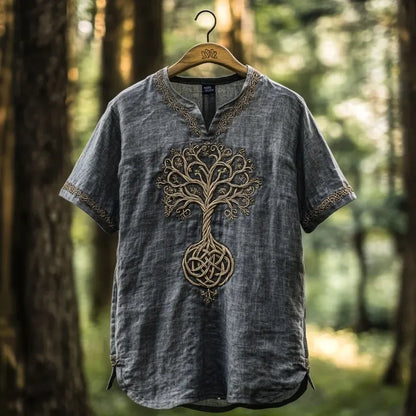 SweetChair Men's Viking Tree of Life Embroidered Linen Shirt