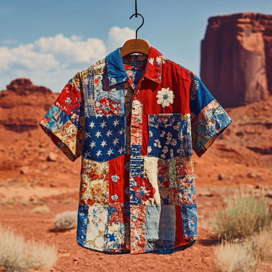 SweetChair Men's Vintage Patchwork America Blue Red Floral Shirt