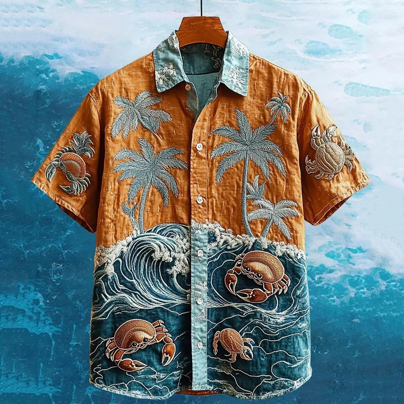SweetChair Men's Embroidered Hermit Crab Hawaiian Summer Marine Shirt