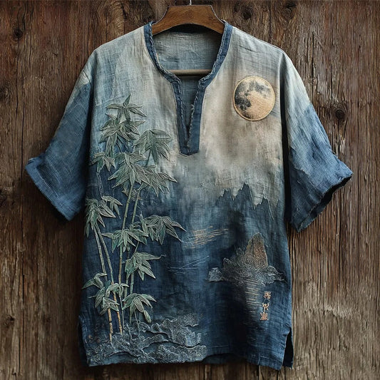 SweetChair Men's Japanese Moonlit Bamboo Embroidery Art Linen Shirt