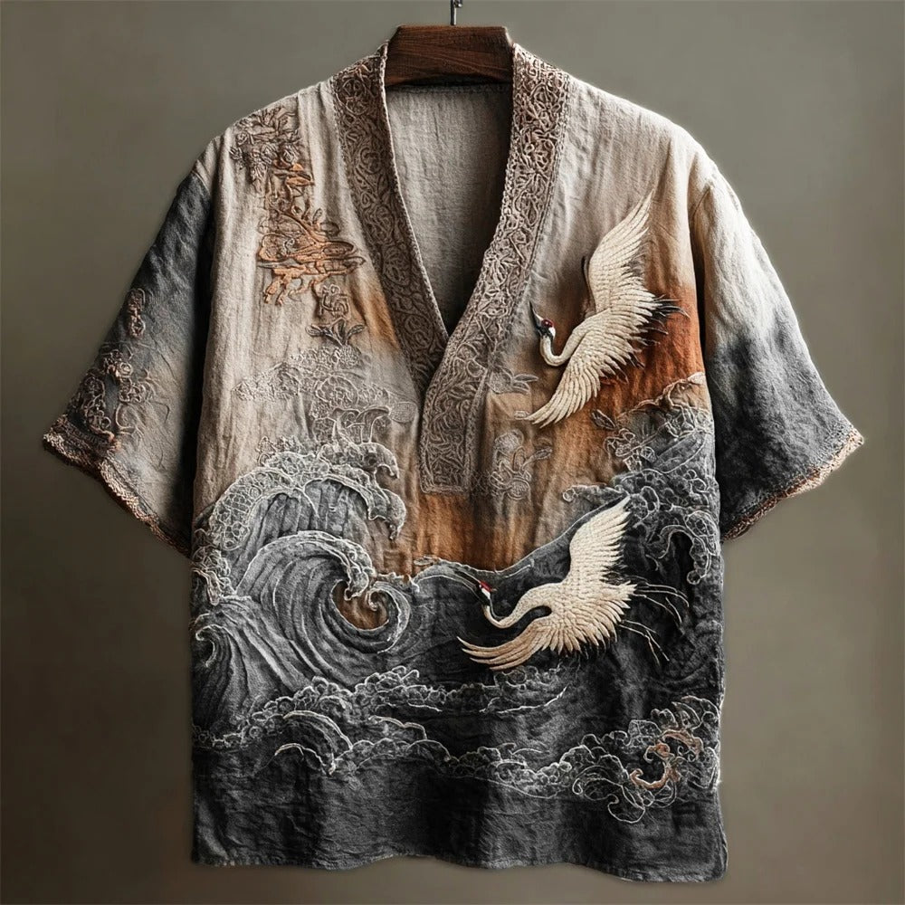 SweetChair Japanese Embossed Crane Art Men's Linen V-neck Shirt