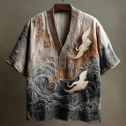 SweetChair Japanese Embossed Crane Art Men's Linen V-neck Shirt