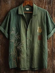 SweetChair Japanese Bamboo & Kanji Embroidered Colorblock Linen Shirt