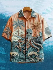 SweetChair Men's Embroidered Octopus & Coconut Tree Hawaiian Shirt
