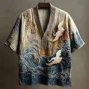 SweetChair Japanese Embossed Crane Art Men's Linen V-neck Shirt