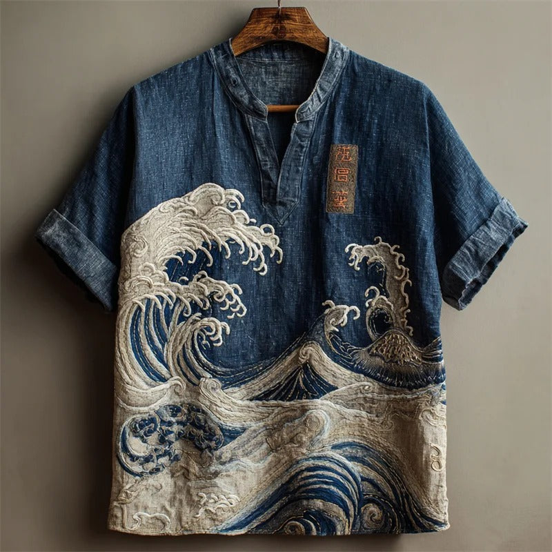 SweetChair Japanese Great Wave Denim Washed Linen Shirt