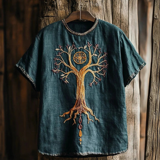 SweetChair Men's Viking Tree of Life Embroidered Art Linen T-shirt
