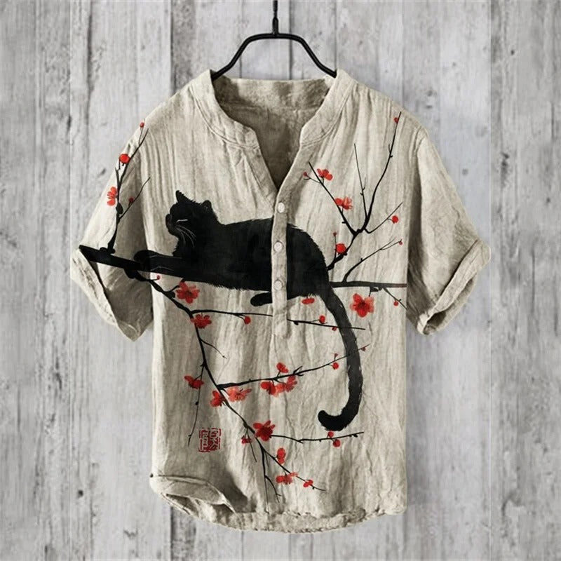 SweetChair Black Cat & Plum Blossom Japanese Art Linen Shirt