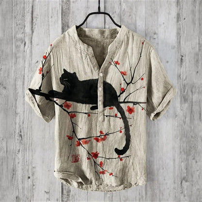 SweetChair Black Cat & Plum Blossom Japanese Art Linen Shirt