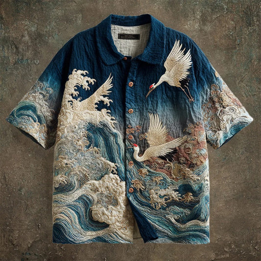 SweetChair Vintage Japanese Crane & Wave Art Men's Linen Shirt