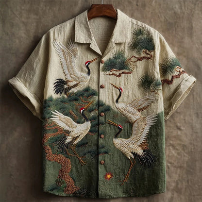 SweetChair Japanese Cranes & Pine Trees Embroidered Contrast Shirt