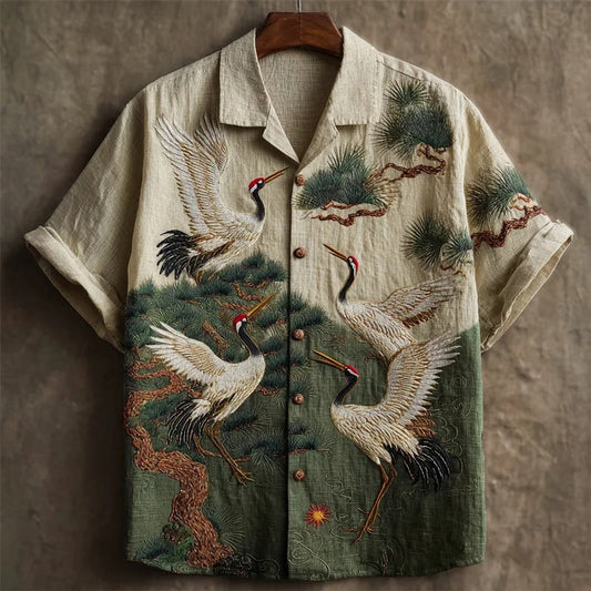SweetChair Japanese Cranes & Pine Trees Embroidered Contrast Shirt