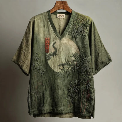 SweetChair Japanese Bamboo Forest Full Moon Embroidered Shirt
