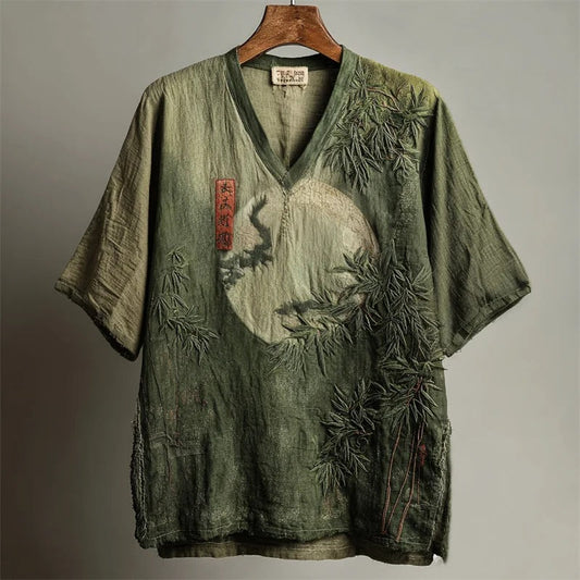SweetChair Japanese Bamboo Forest Full Moon Embroidered Shirt