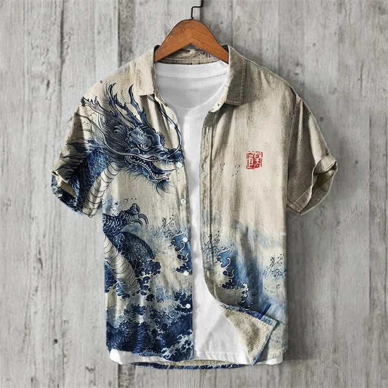 SweetChair Ancient Dragon & Sea Waves Japanese Art Linen Shirt