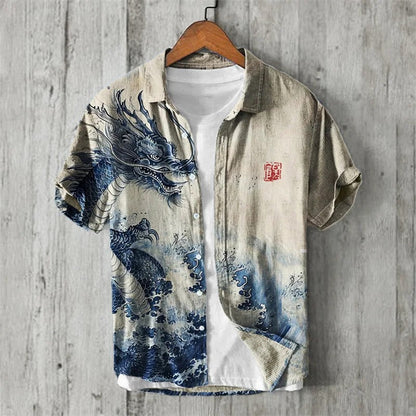 SweetChair Ancient Dragon & Sea Waves Japanese Art Linen Shirt