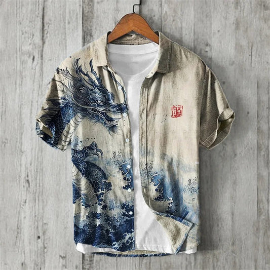SweetChair Ancient Dragon & Sea Waves Japanese Art Linen Shirt