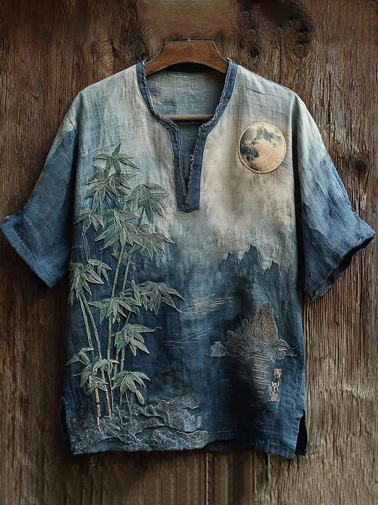 SweetChair Men's Japanese Moonlit Bamboo Embroidery Art Linen Shirt