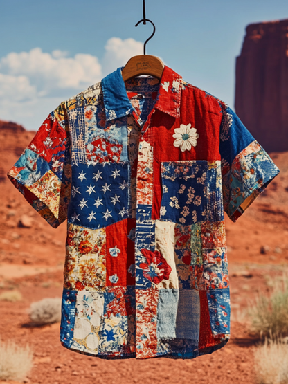 SweetChair Men's Vintage Patchwork America Blue Red Floral Shirt