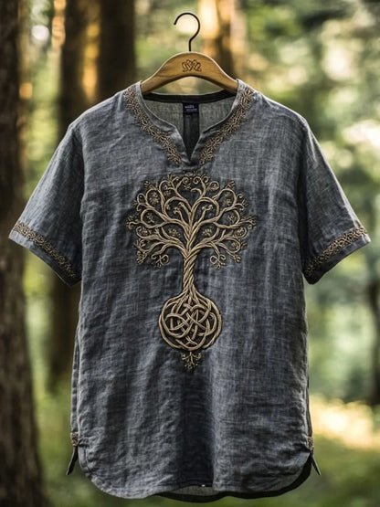 SweetChair Men's Viking Tree of Life Embroidered Linen Shirt