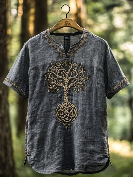 SweetChair Men's Viking Tree of Life Embroidered Linen Shirt